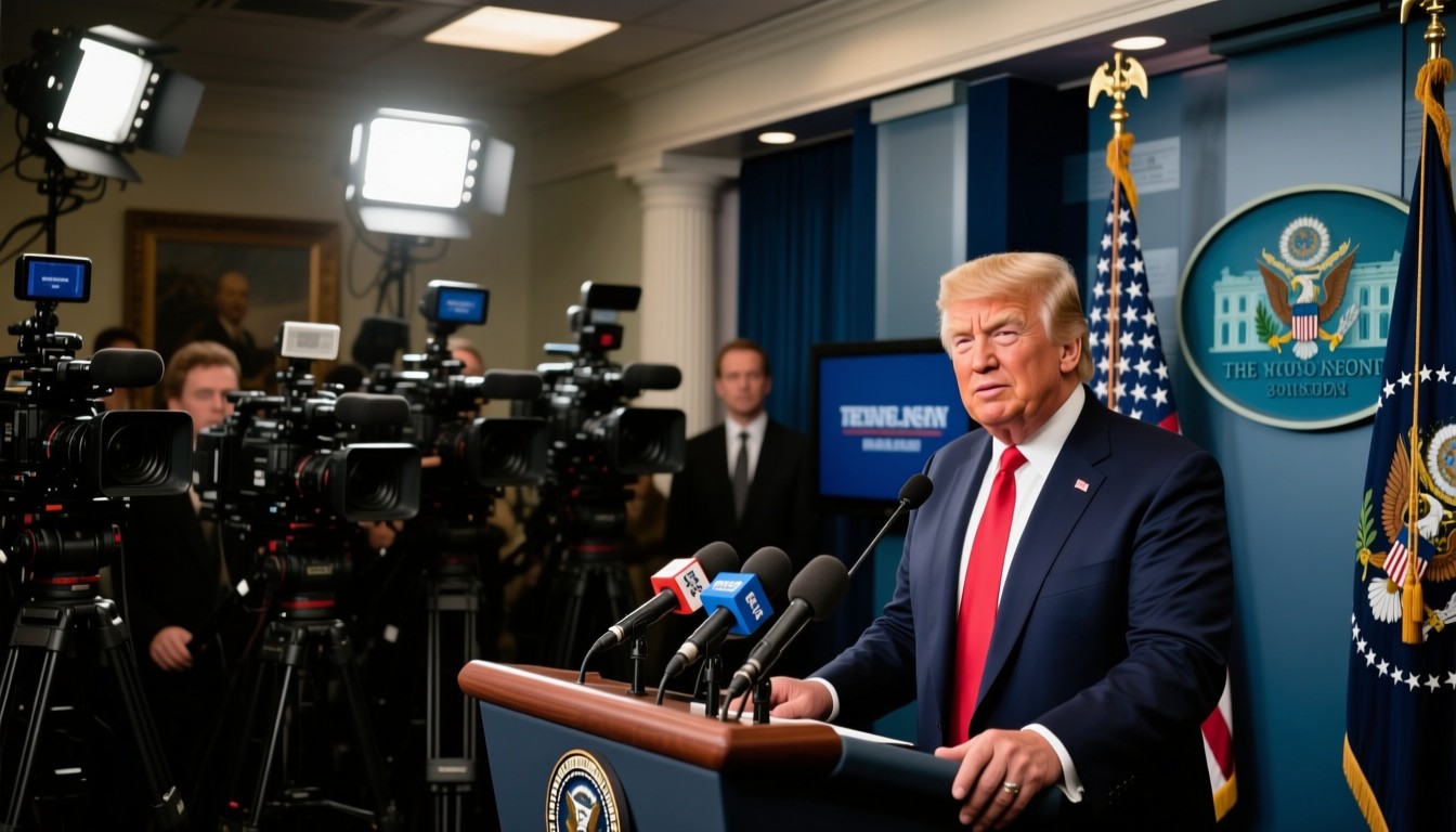 Donald Trump en una conferencia de prensa frente a cámaras.
